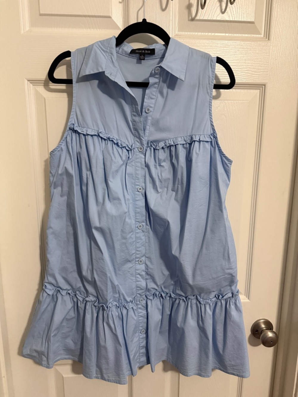 Strut & Bolt Light Blue Sleeveless Ruffle Button-Down Dress